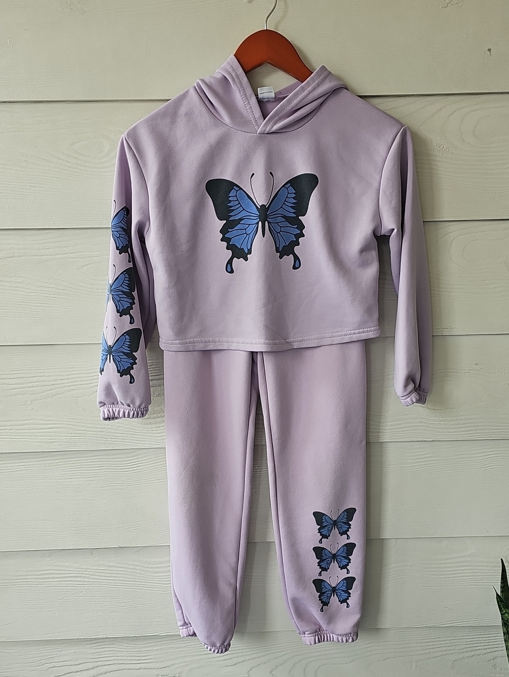 Girls Purple Butterfly Tracksuit Set Cropped Hoodie Sweatpants 10Y